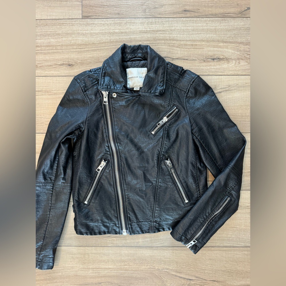 American Eagle faux Leather Jacket Womens small‎ back fall biker Y2K Moto Grunge - Picture 4 of 5